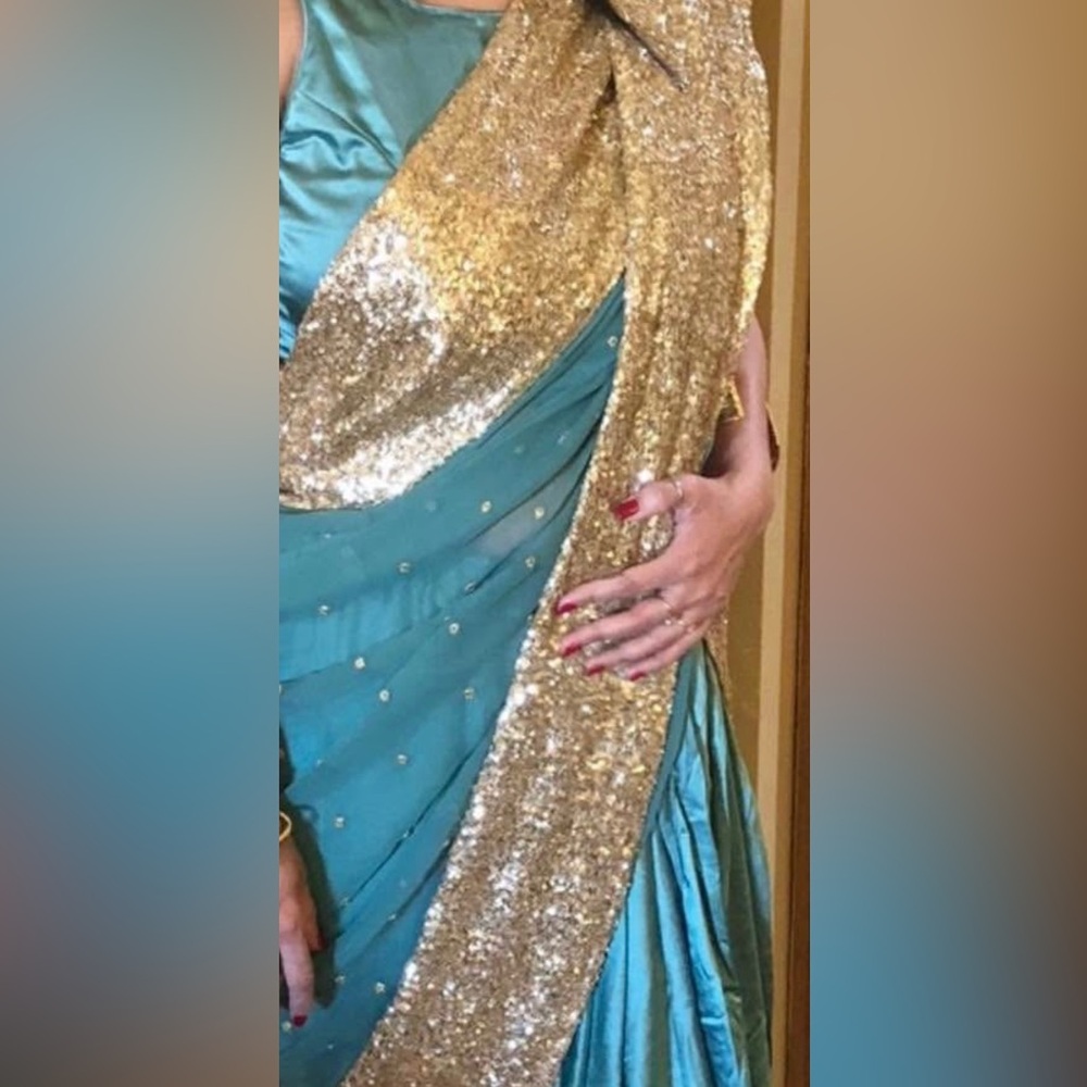 Teal and Gold Sequin Sari Prepleated bottom and long dupatta to wrap around